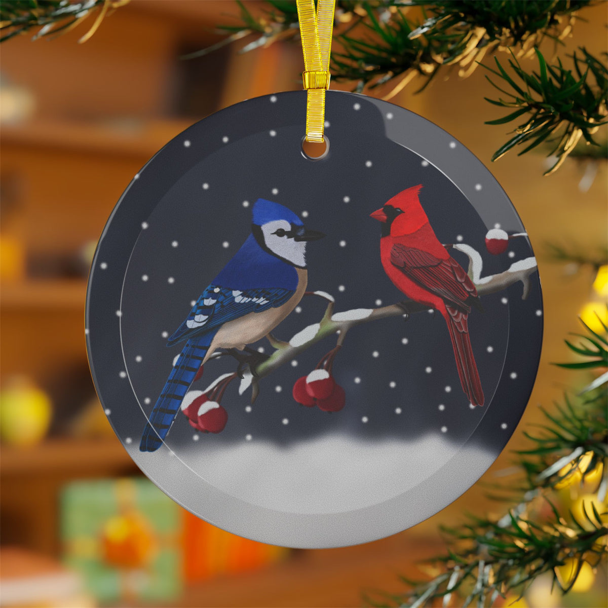 Blue Jay and Cardinal Ornaments – on a Winter Branch Christmas Bird Glass Ornament