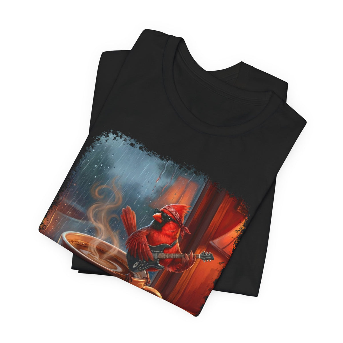 Vintage Lo-Fi Coffee & Rain Graphic Tee – Cardinal with Guitar Musician Shirt – bird lover t-shirt,