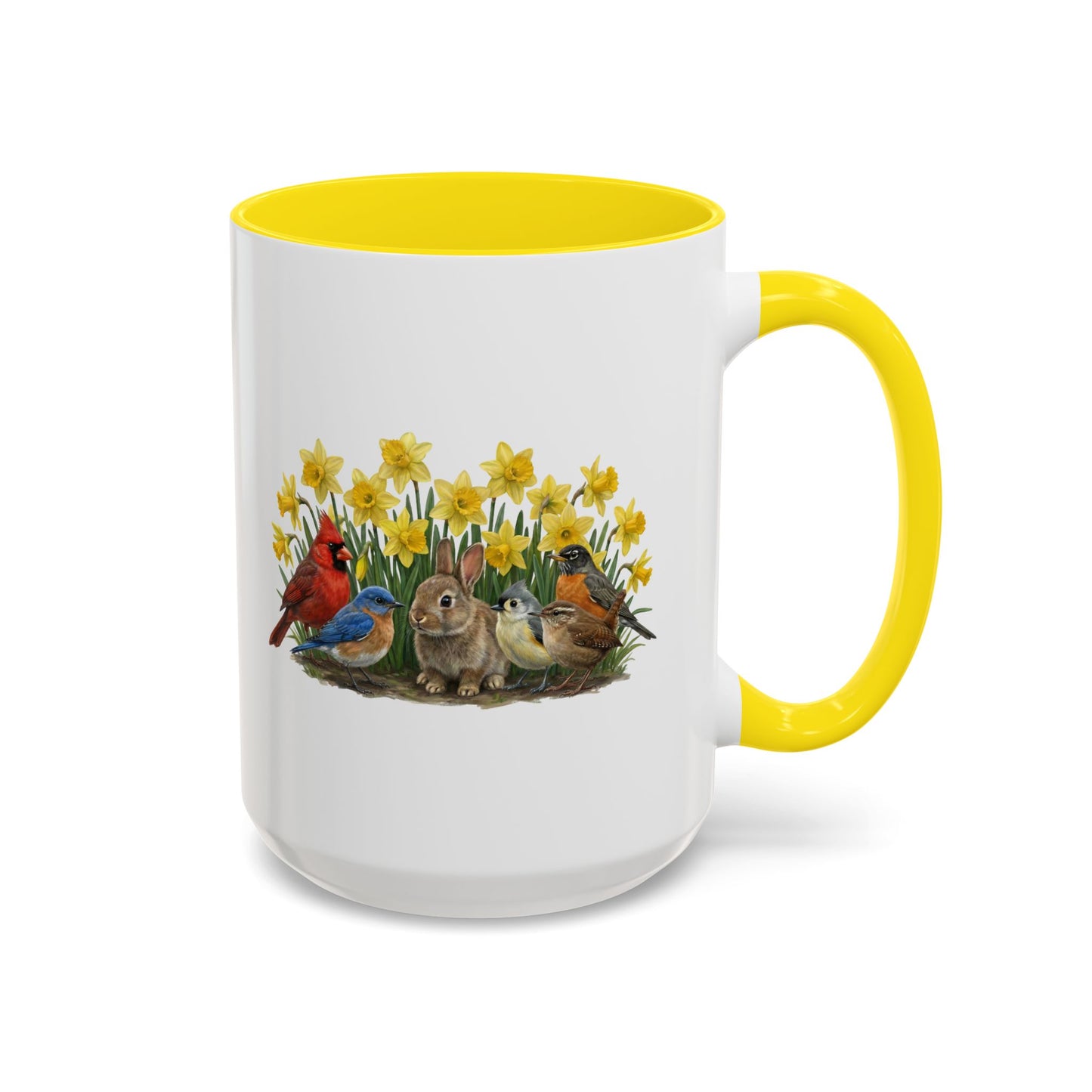 Mug with a colorful design of birds and flowers on a white background