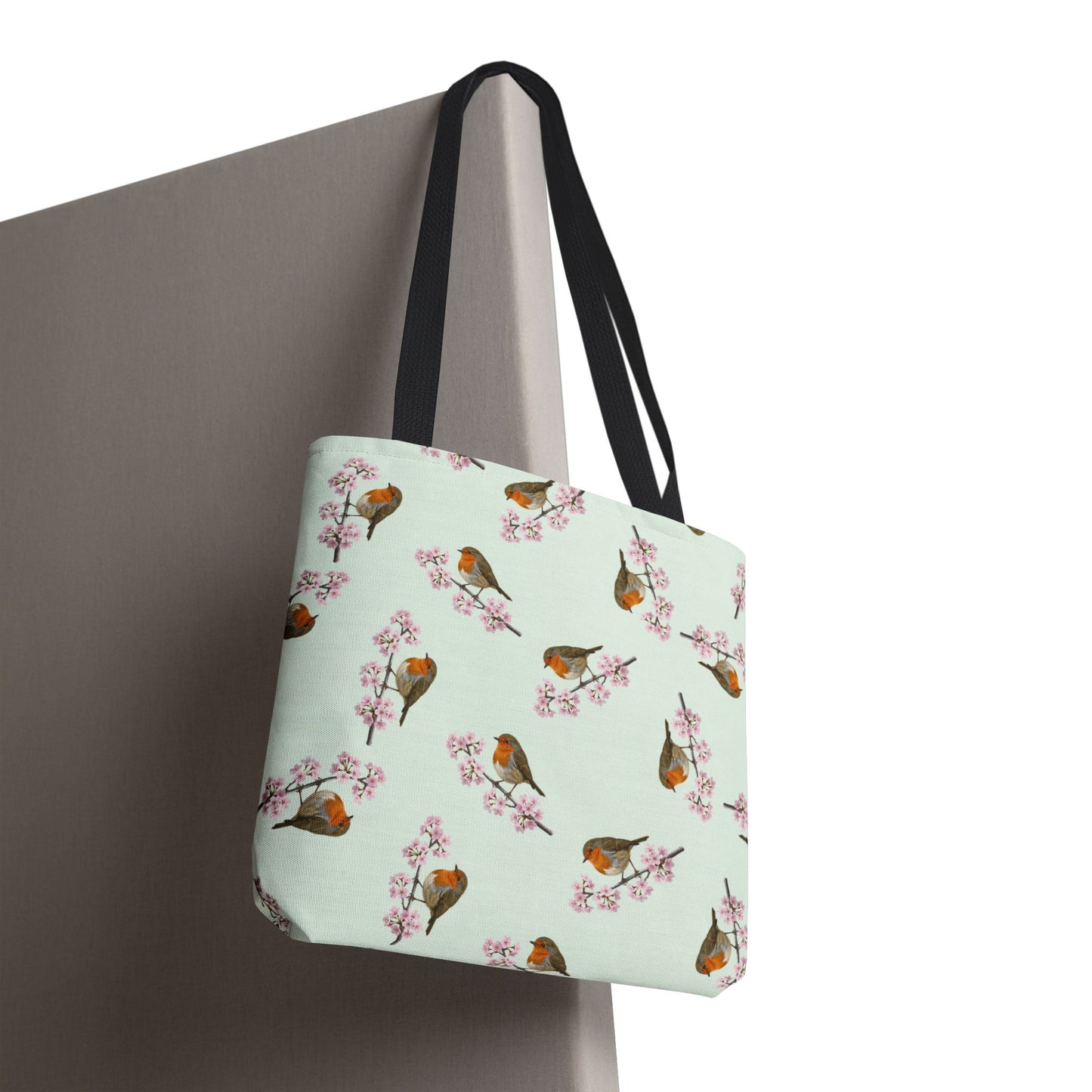 Rotkehlchen & Kirschblüten Tragetasche in Salbeigrün | Stofftasche & Geschenk für Vogelbeobachter