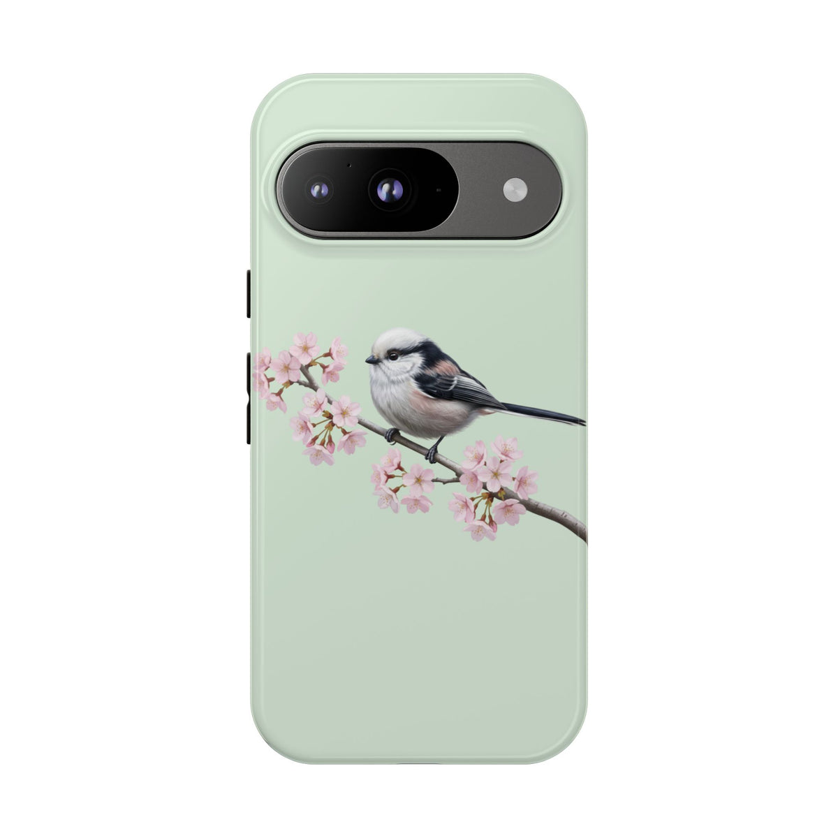 Funda para móvil de carbonero común en verde salvia | Motivo floral de pájaro y flores de cerezo para iPhone y Google Pixel