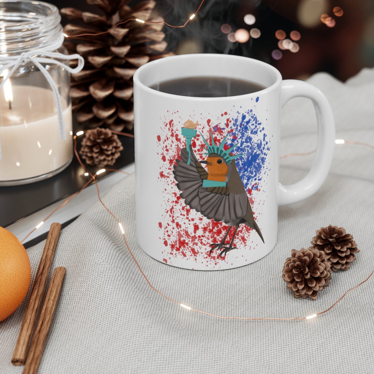 Robin 4th of July Independence Day Statue of Liberty Bird Ceramic Mug 11oz White