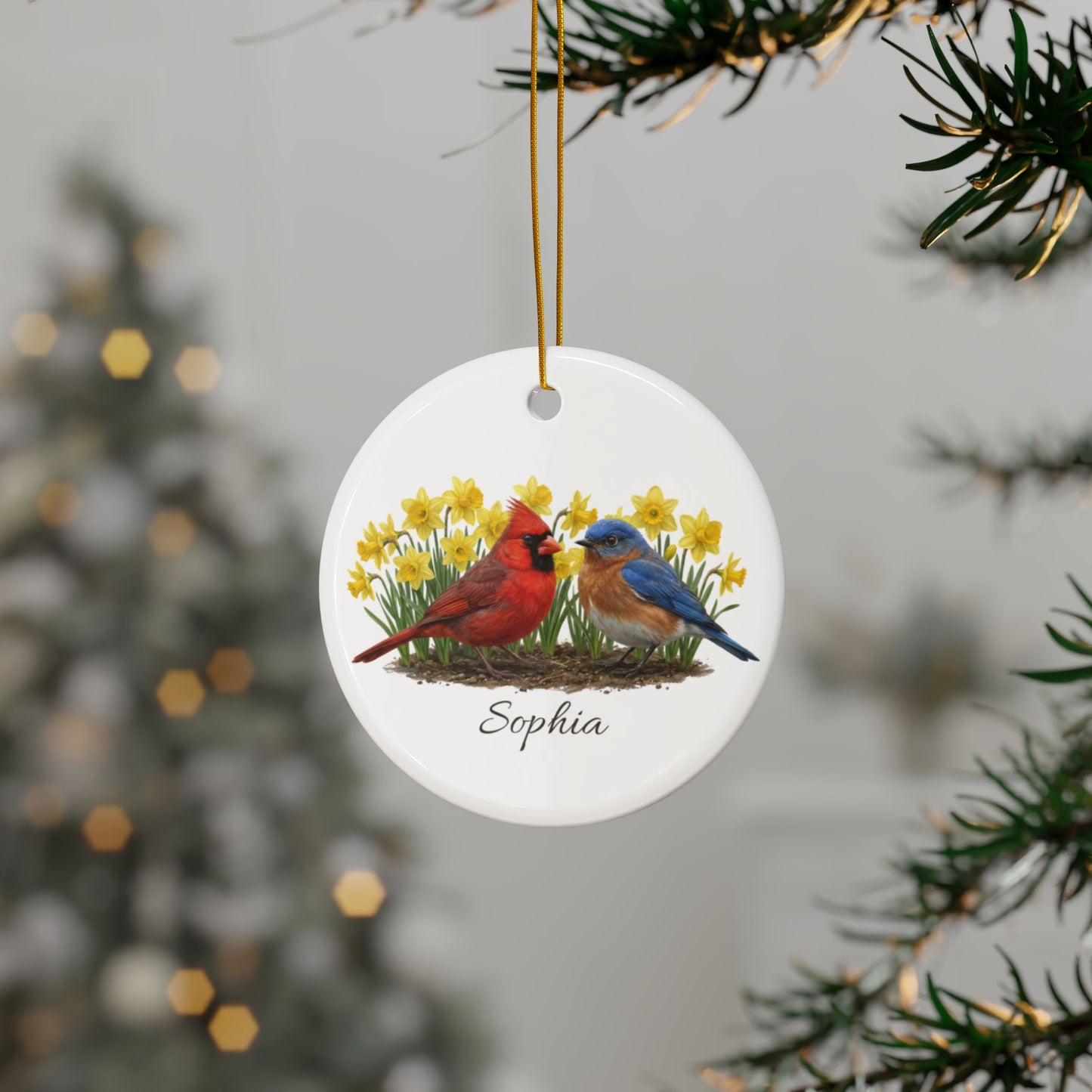 Personalized Cardinal and Bluebird — Custom Name Ceramic Easter Basket Tag & Ornament