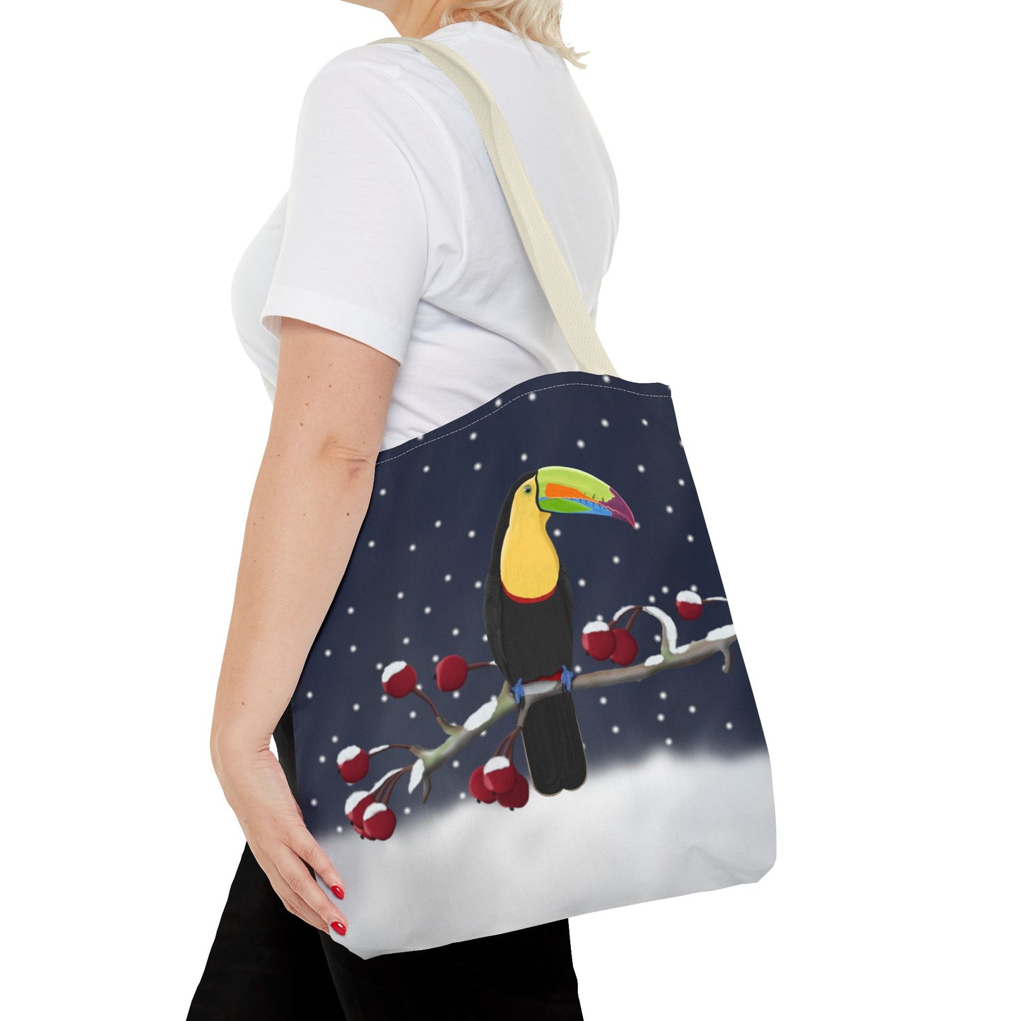 Toucan on a Winter Branch Christmas Bird Tote Bag 16"x16"