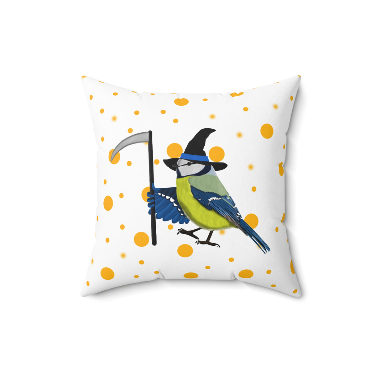 Blue Titmouse Halloween Bird Throw Pillow White 16"x16" Orange Dots