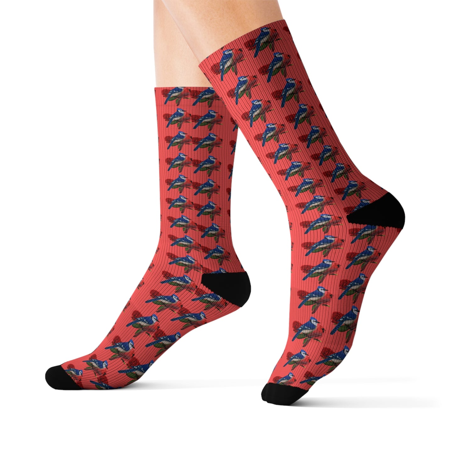 Blue Jay and Cardinal on a Rose Valentine's Day Bird Sublimation Socks - jz.birds