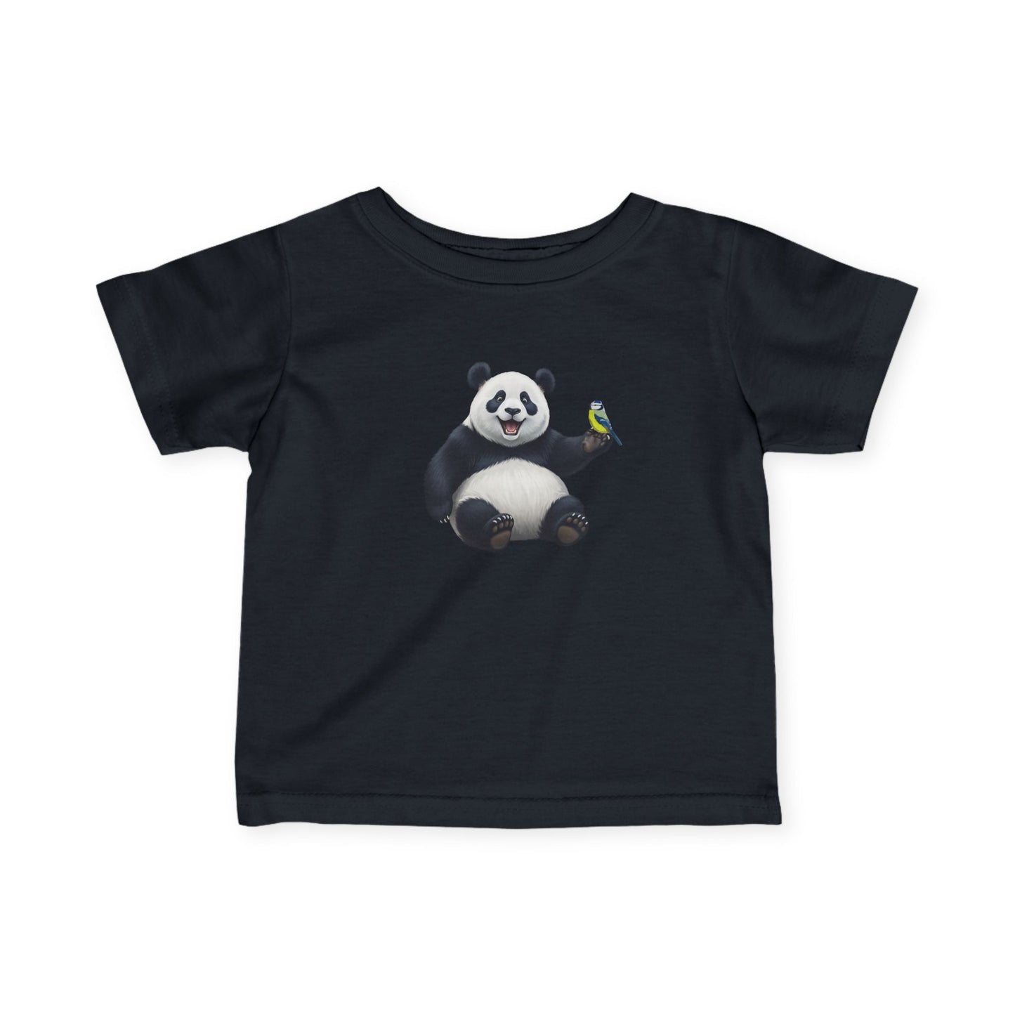 Fröhlicher Panda mit Blaumeise Vogel Tiermotiv T-Shirt für Babys und Kleinkinder