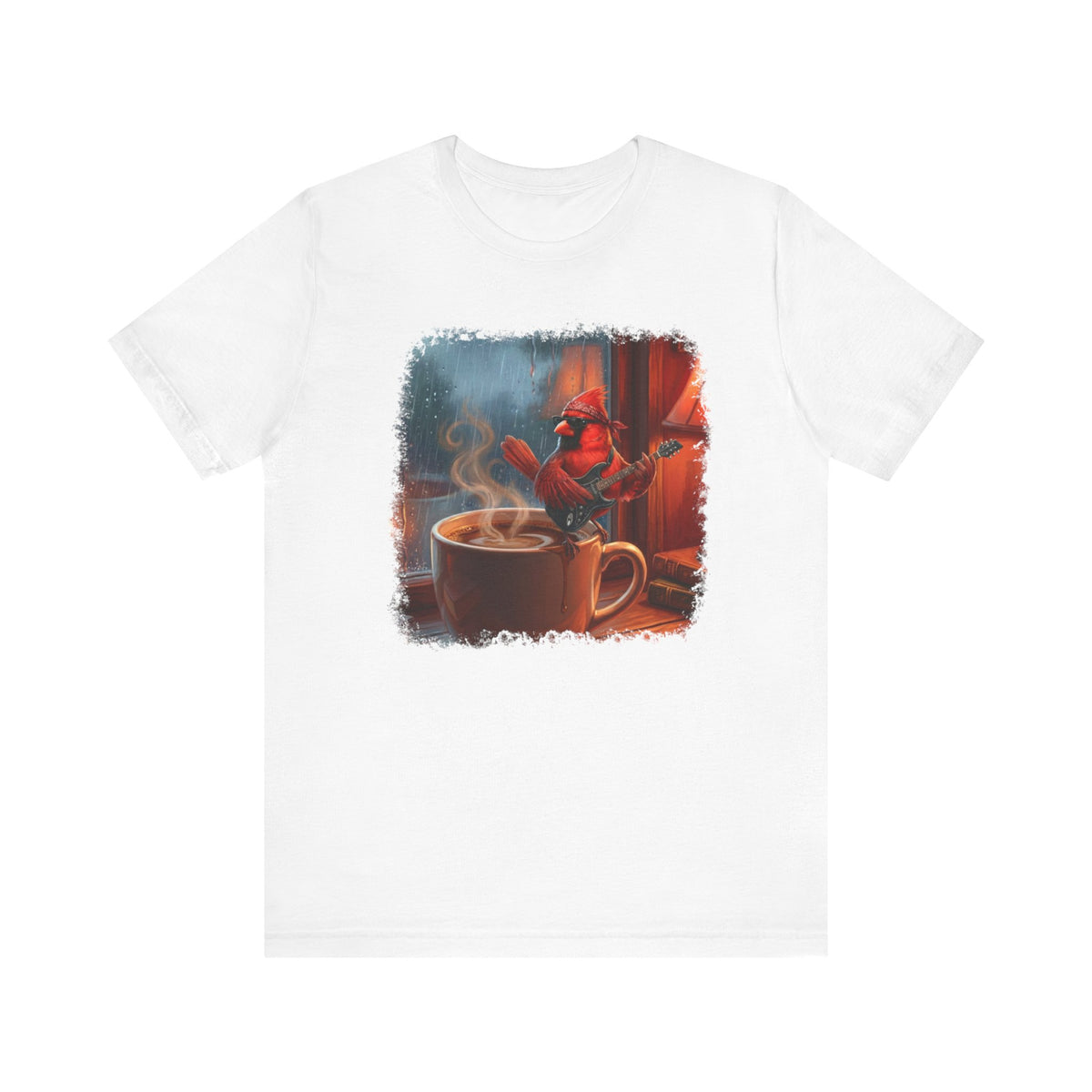 Vintage Lo-Fi Coffee & Rain Graphic Tee – Cardinal with Guitar Musician Shirt – bird lover t-shirt,