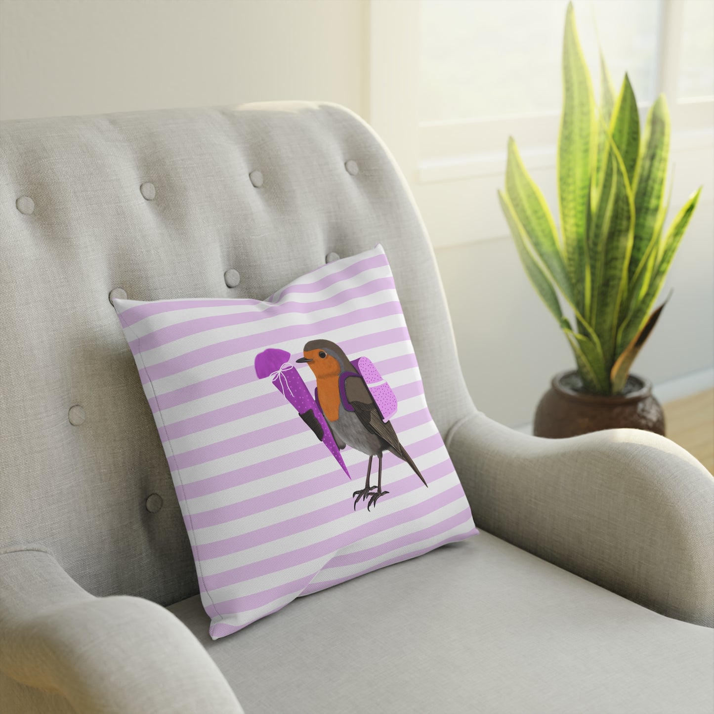 Rotkehlchen mit Schultüte Vogel Kissen – Dekokissen mit Vogelmotiv zur Einschulung Rosa