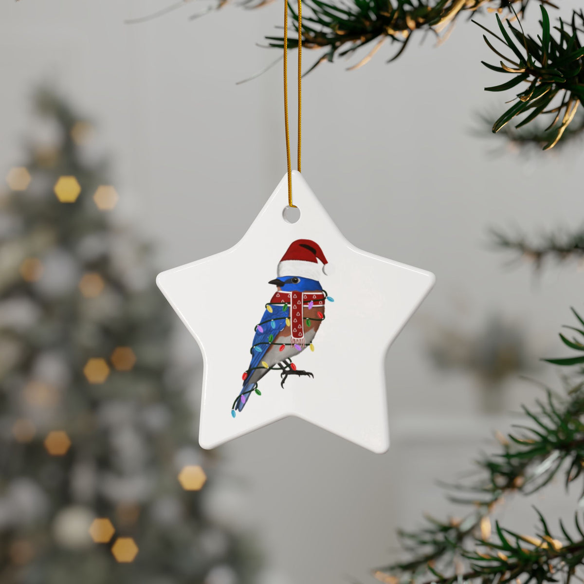 サンタクロースの青い鳥の陶器製クリスマスオーナメント | 丈夫な両面鳥愛好家向け装飾