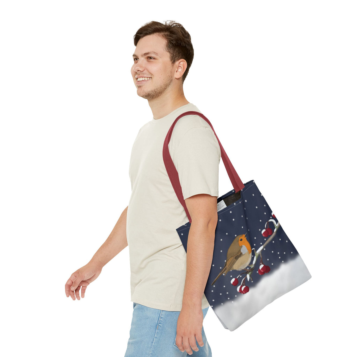 Rotkehlchen auf einem Ast im Schnee Vogel Tragetasche – Accessories,