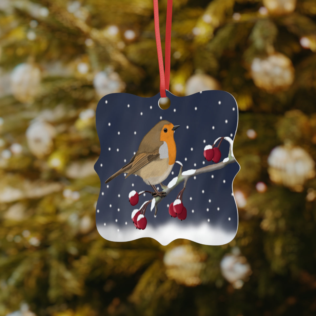 Ornement en aluminium représentant un rouge-gorge sur une branche – Décoration de Noël unique avec ruban rouge
