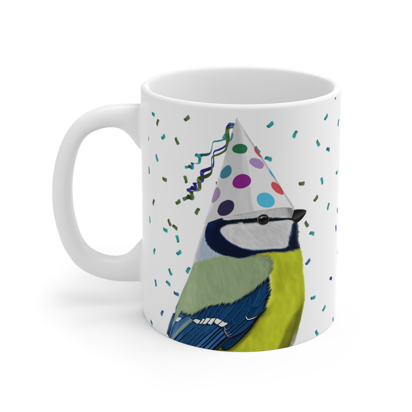 Blaumeise feiert Geburtstag mit Partyhut und Konfetti Vogel Tasse