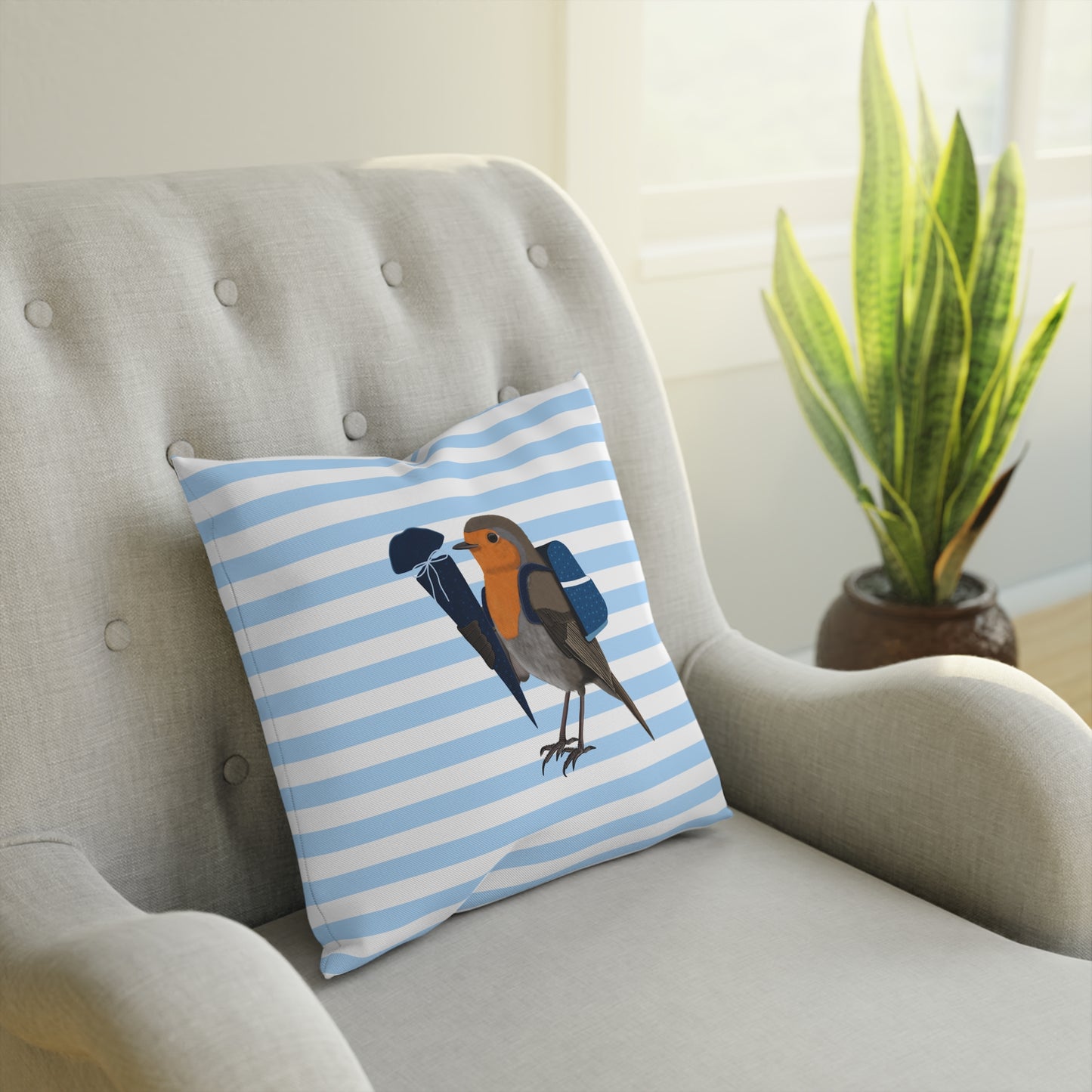 Rotkehlchen mit Schultüte Vogel Kissen – Dekokissen mit Vogelmotiv zur Einschulung Blau