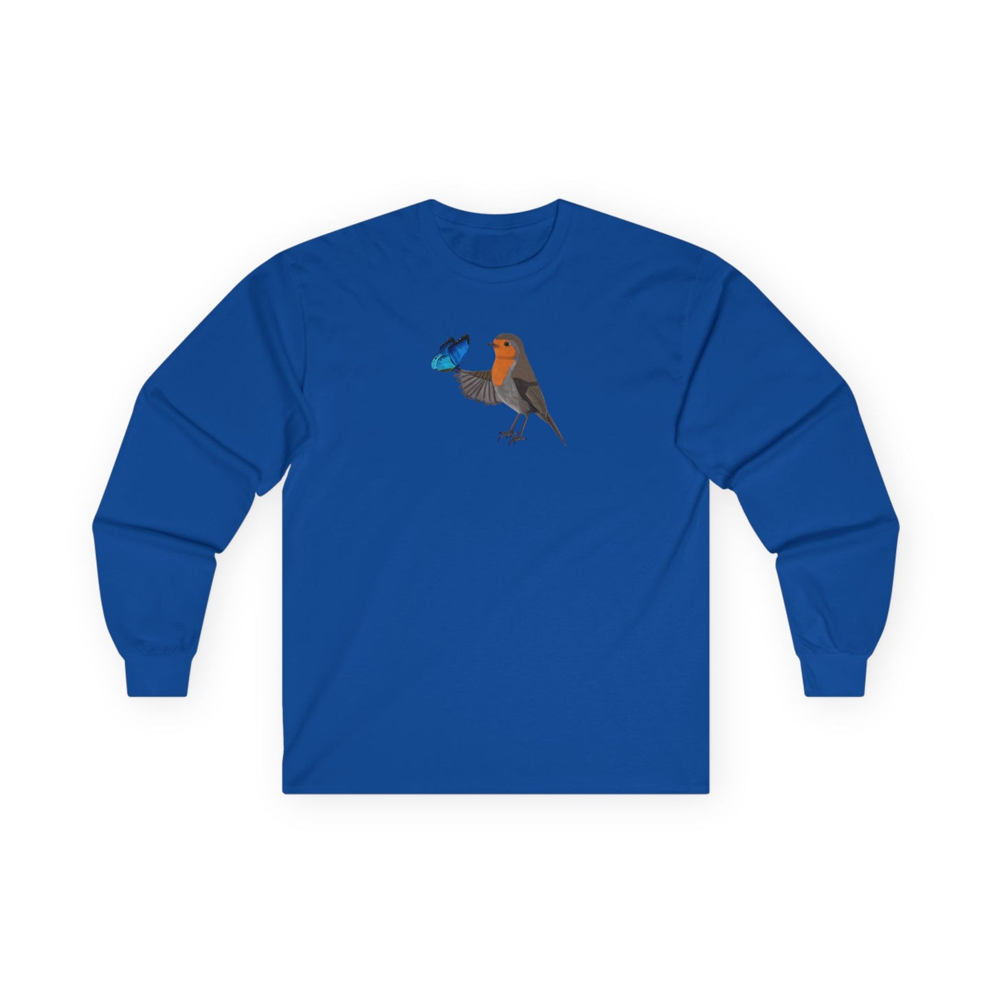 Robin with Butterfly Birding & Birdwatching Bird Cotton Long Sleeve T-Shirt