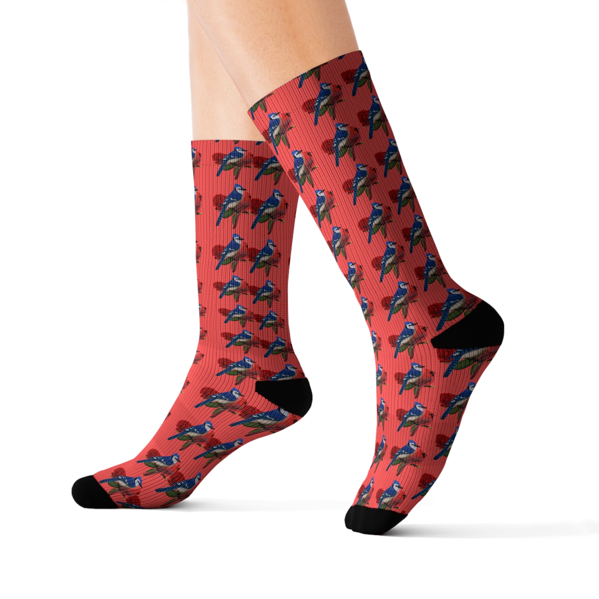 Blue Jay and Cardinal on a Rose Valentine's Day Bird Sublimation Socks - jz.birds