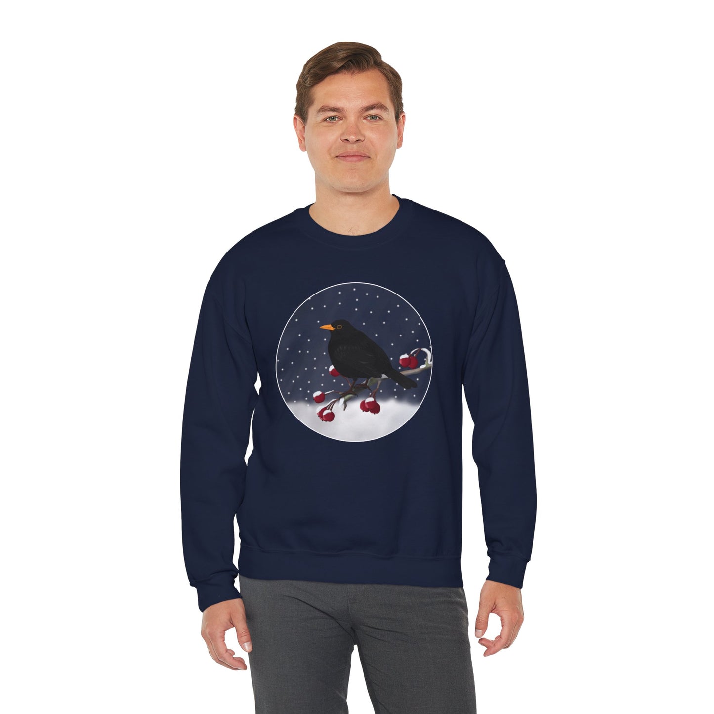 Blackbird on a Winter Branch Birdwatcher Christmas Bird Sweatshirt