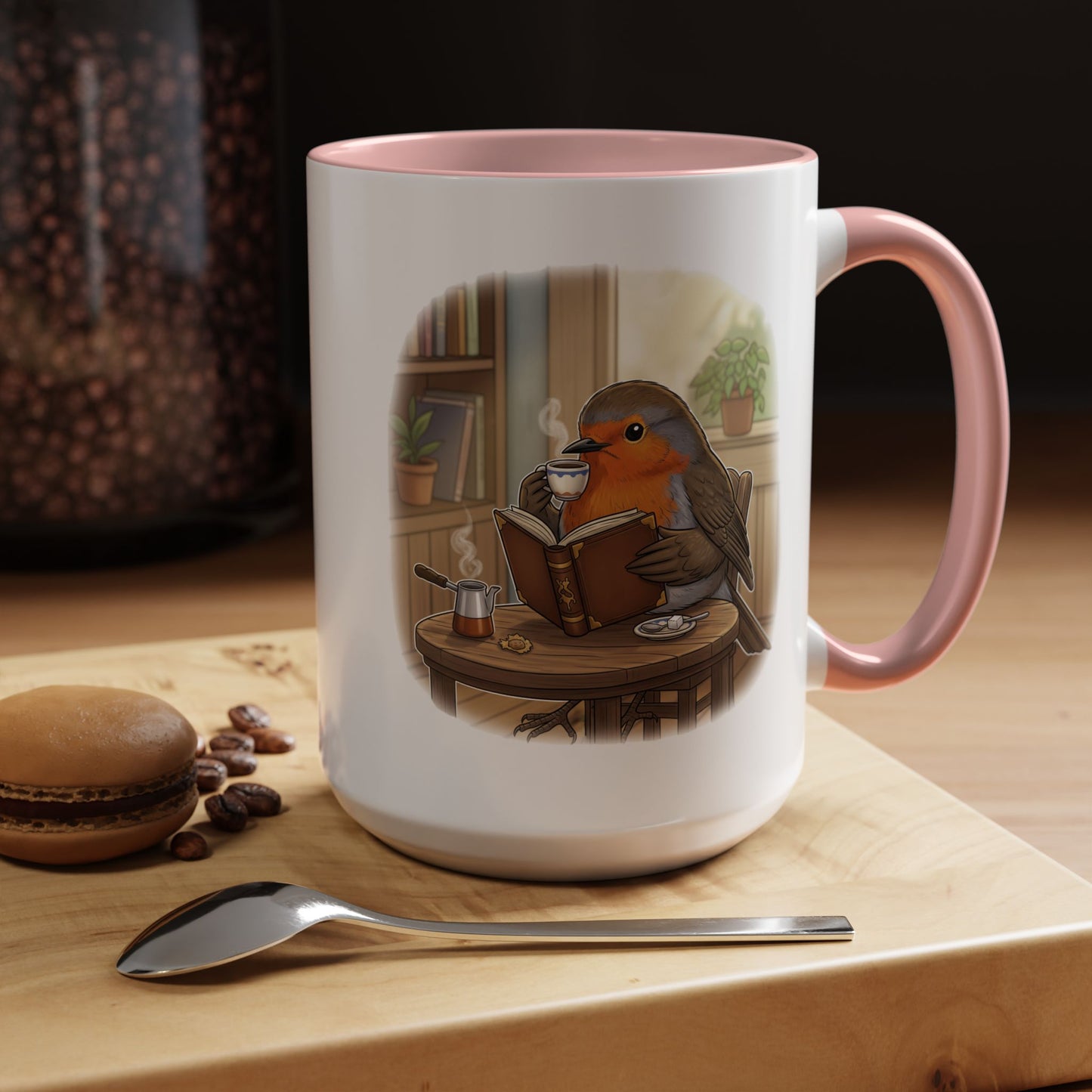 Robin Reads Books and Drinks Coffee Bird Mug for Bird and Book Lovers