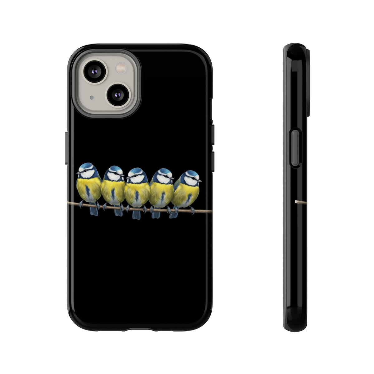 Funda premium para móvil de carbonero azul en una rama – Doble protección e impresión integral, negra