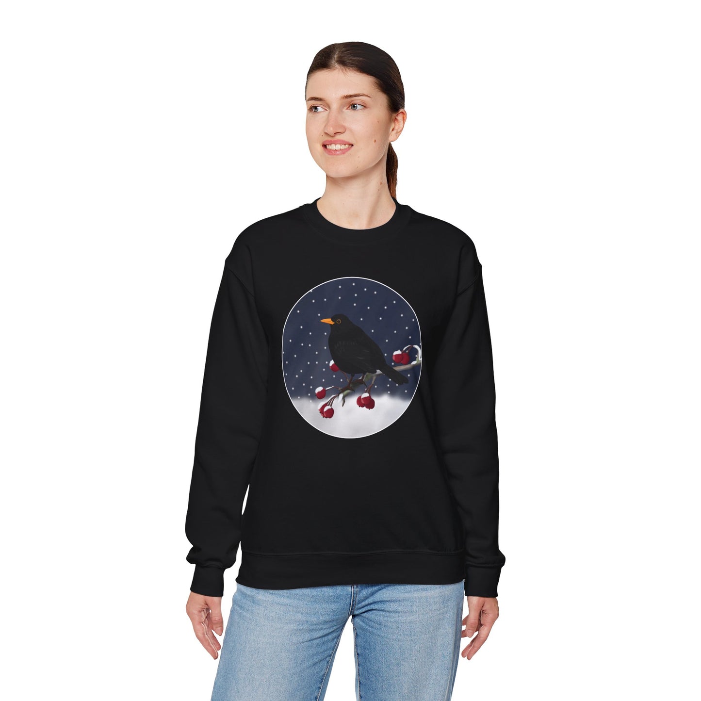 Blackbird on a Winter Branch Birdwatcher Christmas Bird Sweatshirt