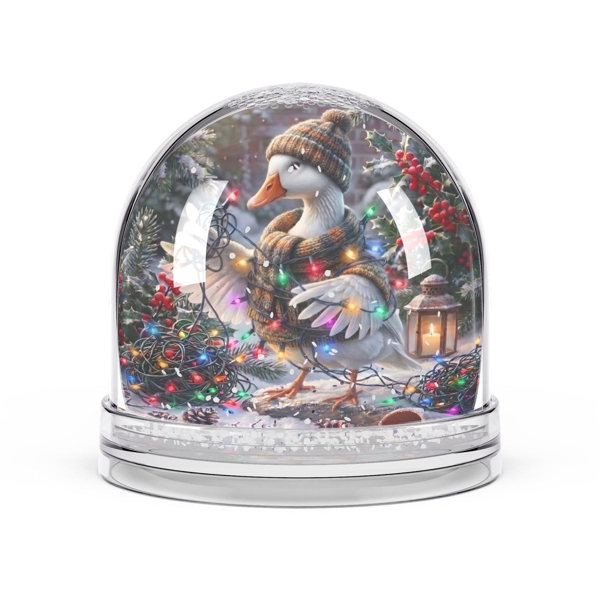 A decorative snow globe featuring a white goose wearing a brown knit hat and scarf, surrounded by a festive Christmas scene with multicolored string lights, evergreen branches, red berries, and a small lantern inside a clear domed globe on a silver base.