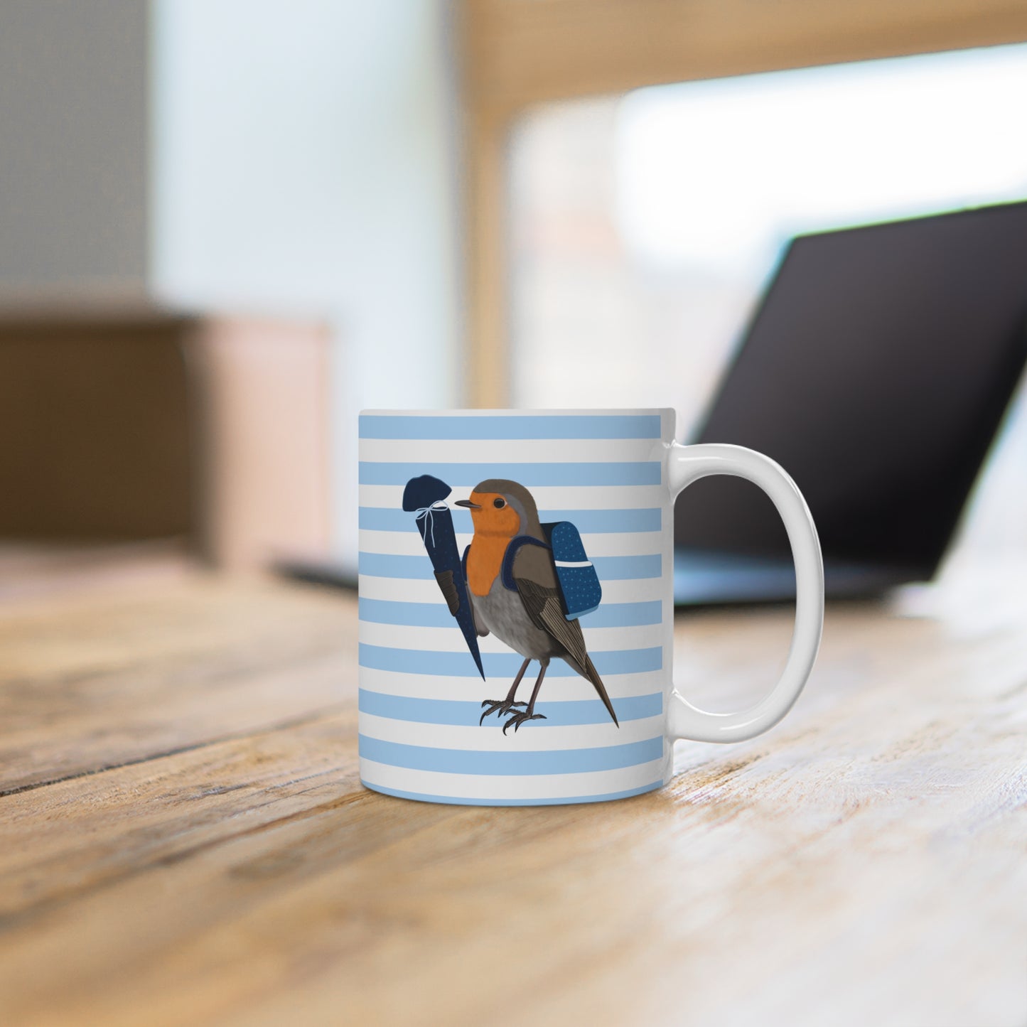 Rotkehlchen Vogel Tasse als Geschenk zur Einschulung Blau Weiß