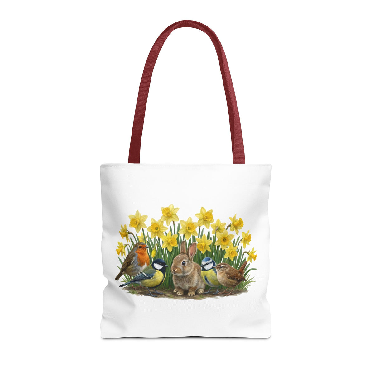 Resistente bolsa de compras «Primavera»: motivo de conejo, petirrojo y carbonero | bolso shopper de 40 x 40 cm