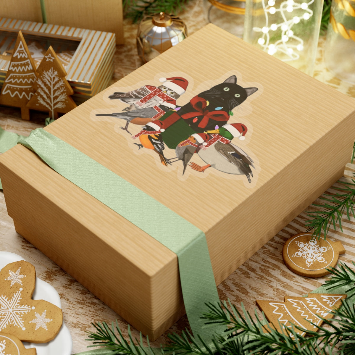 Robin Oriole Mallard Owl and Cat with Fairy Lights Santa Claus Hat and Scarf Christmas Bird Sticker