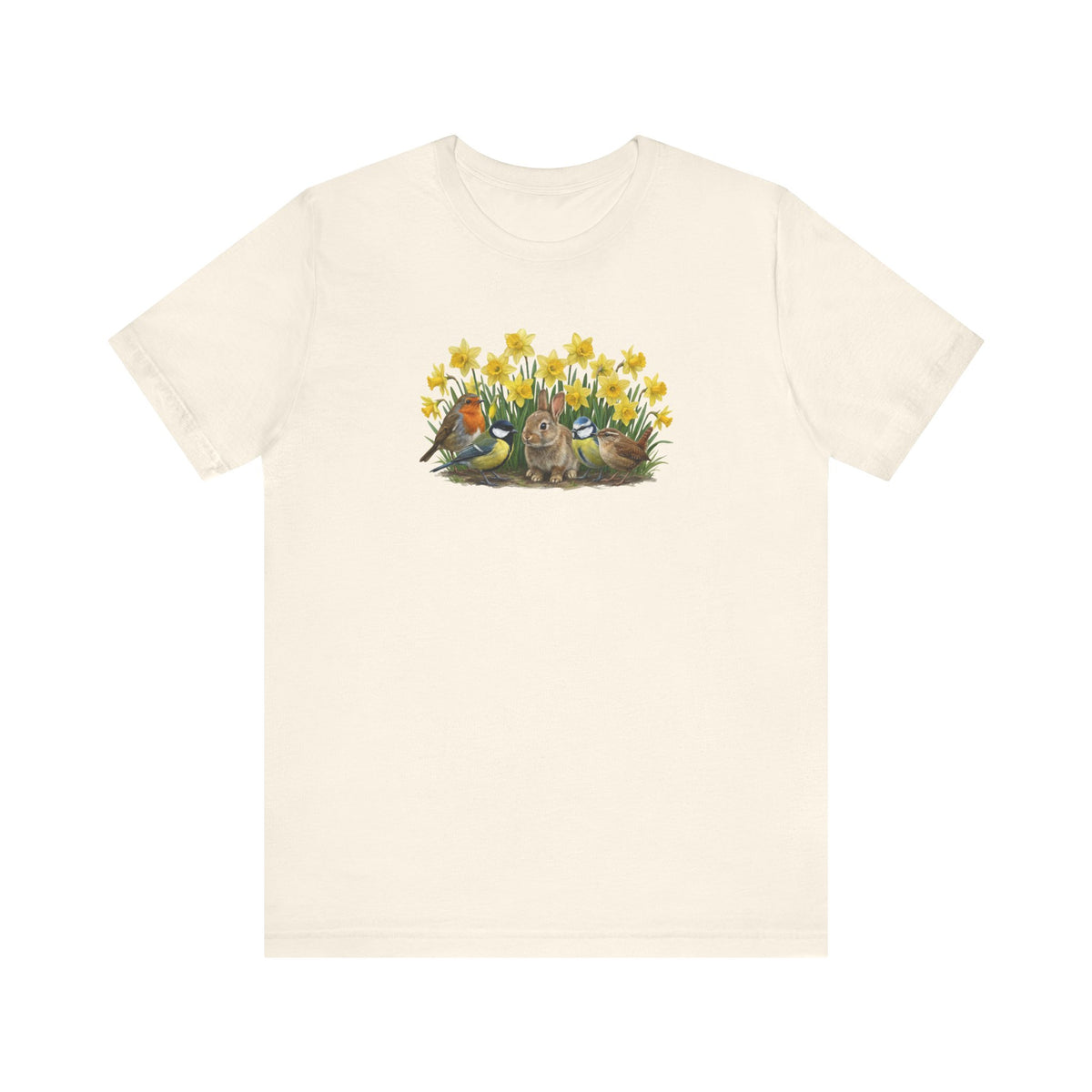 Oster T-Shirt "Gartenfreunde" - Kaninchen, Rotkehlchen & Meisen in Osterglocken | Premium Baumwolle – bird graphic tee, Vogel