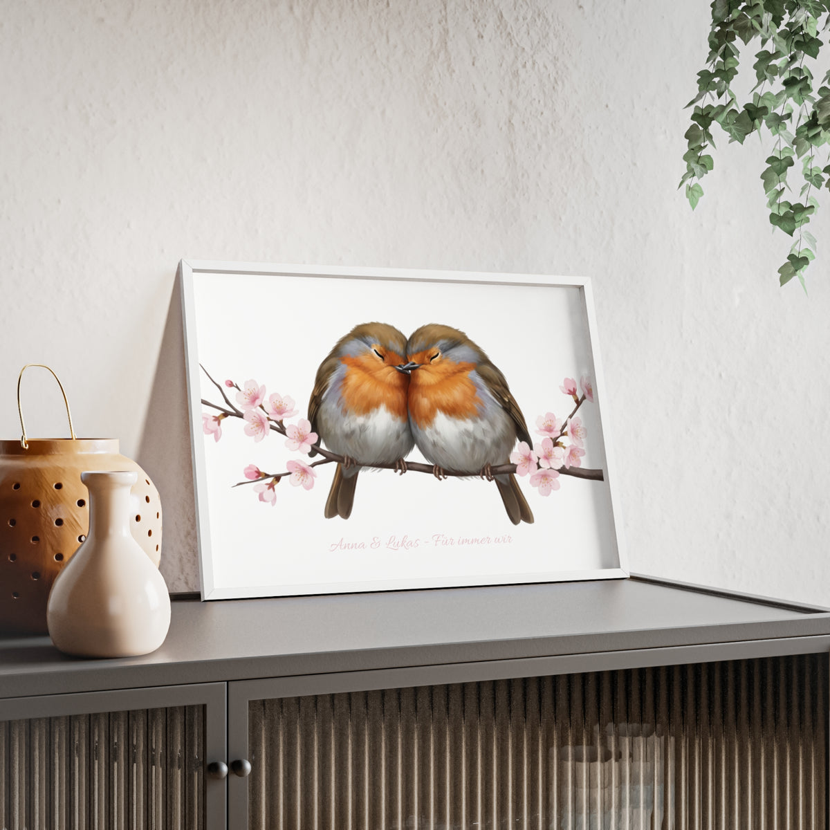 Tableau mural personnalisé avec cadre en bois – Couple de rouges-gorges avec prénoms au choix