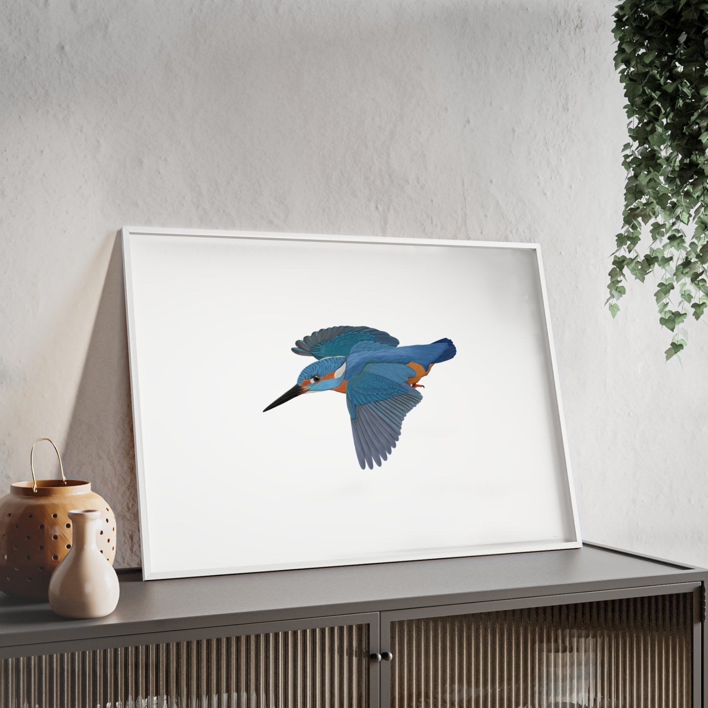 Vogel Poster im Holzrahmen - Eisvogel Poster Singvogel Weiß