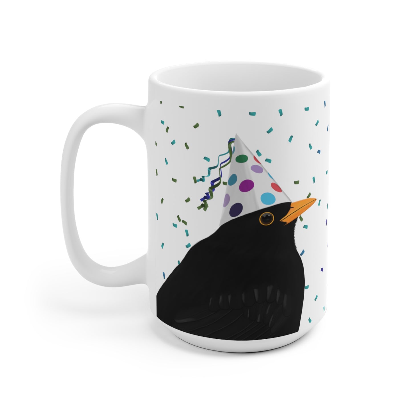 Amsel feiert Geburtstag mit Partyhut und Konfetti Vogel Tasse