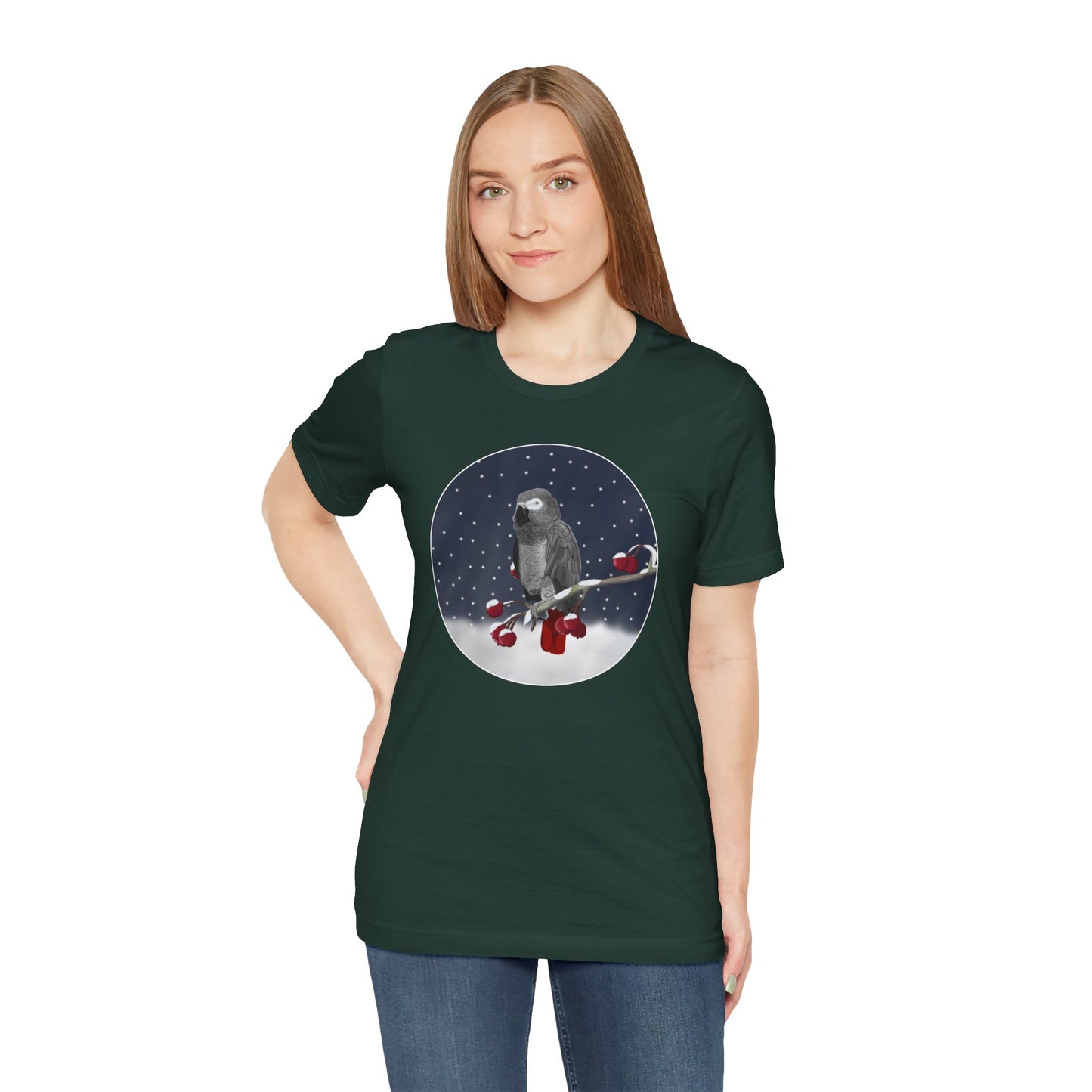 Grey Parrot on a Winter Branch Birdwatcher Christmas Bird T-Shirt
