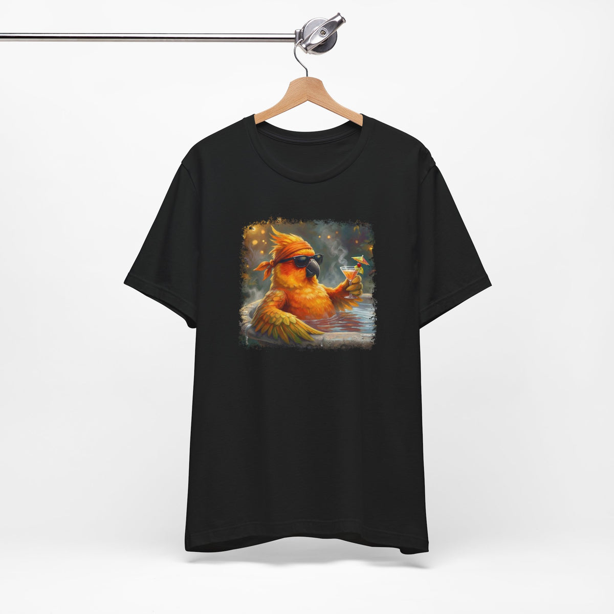 Funny Sun Parakeet T-Shirt | Bird with Sunglasses & Drink | Unisex Summer Tee