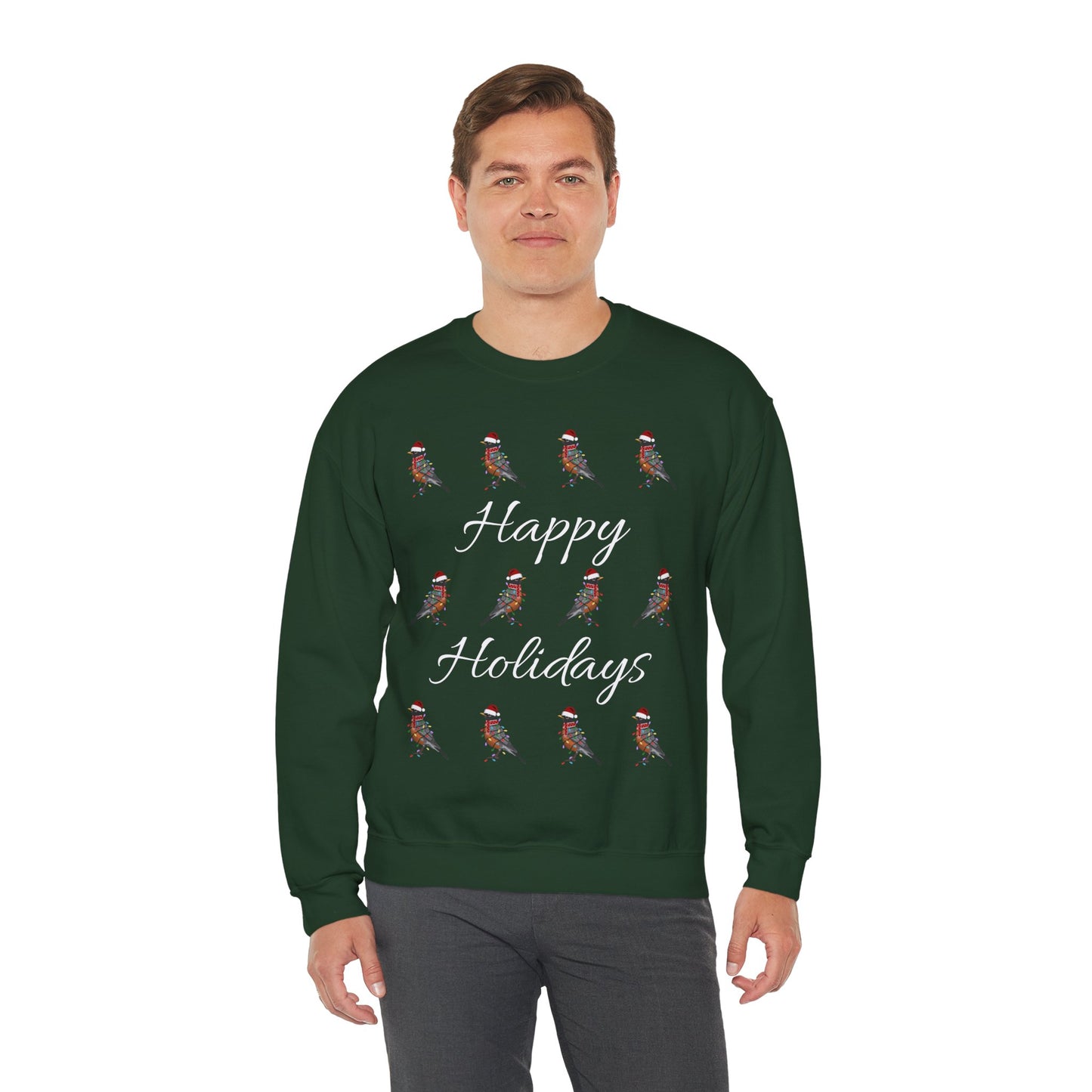 American Robin as Santa with Hat Scarf and Fairy Lights Happy Holidays Birdwatcher Christmas Bird Sweatshirt