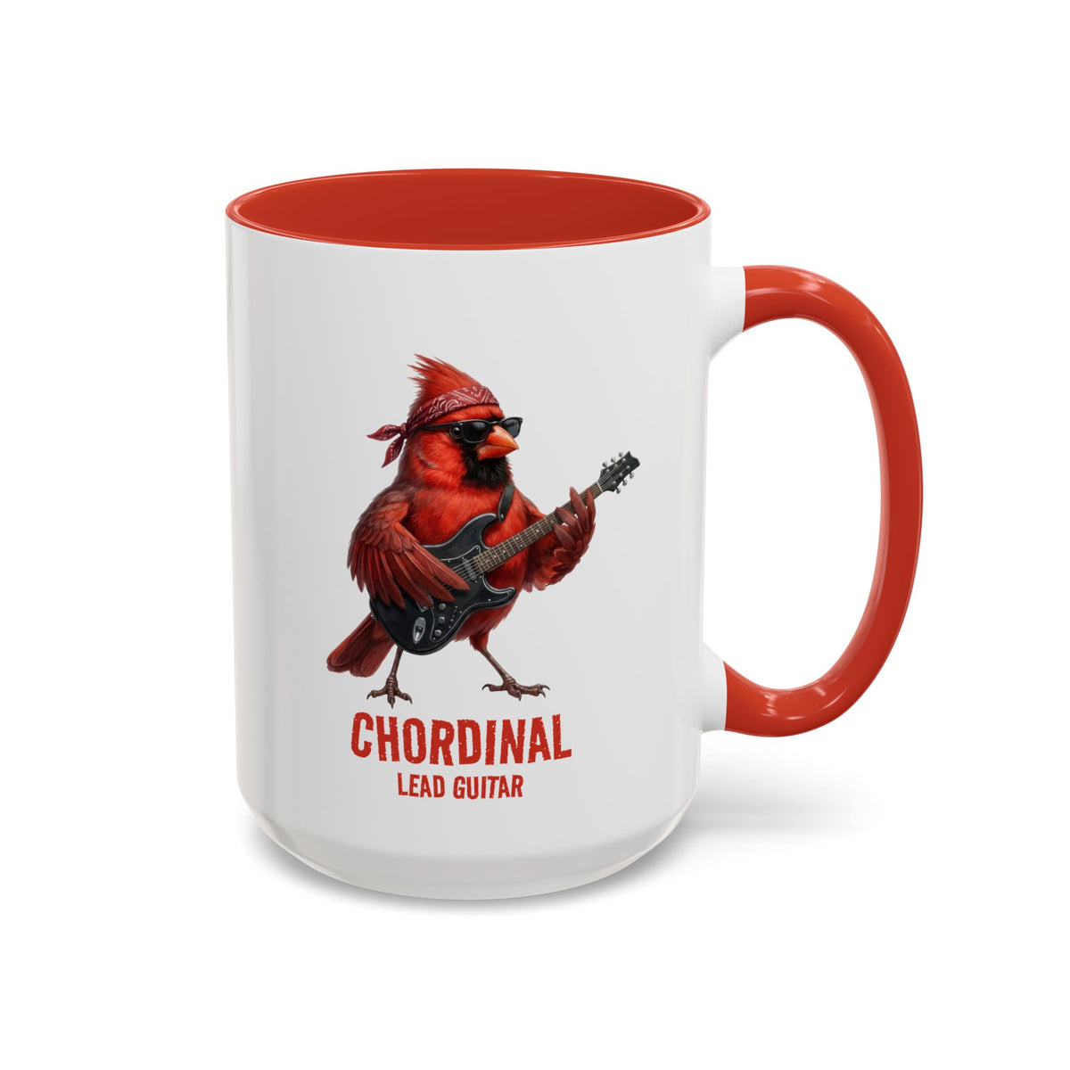 Mug with a red cardinal playing guitar design on a white background