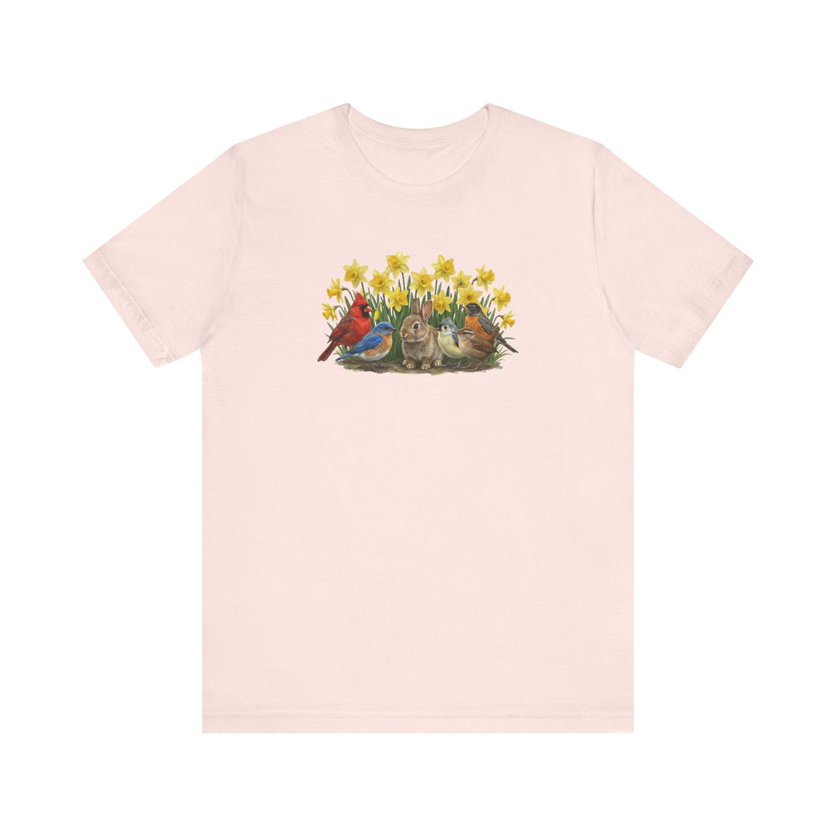 Spring Garden Tee – Bunny, Cardinal & Bluebird | Botanical Easter T-Shirt – bird lover