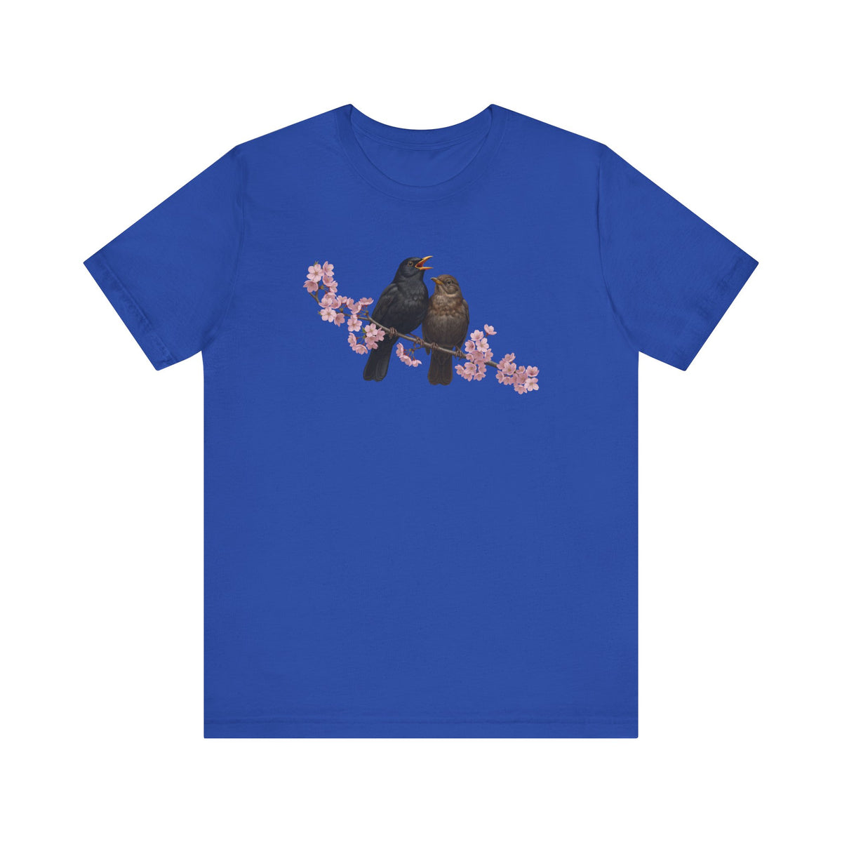 Blue t-shirt with a graphic of two birds on a branch with flowers on a white background