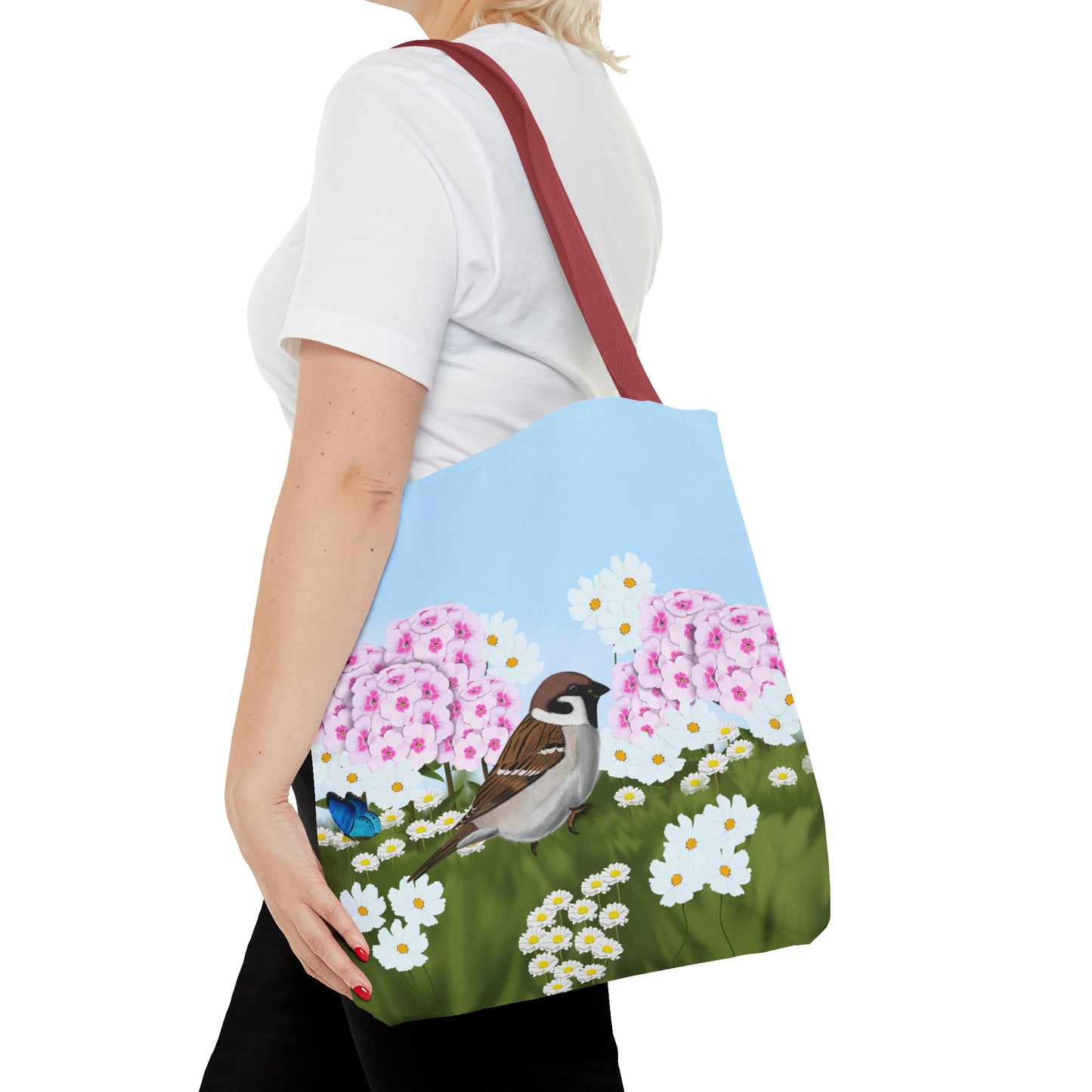 Tree Sparrow in Summer Flowers Bird Tote Bag 16"x16" - jz.birds