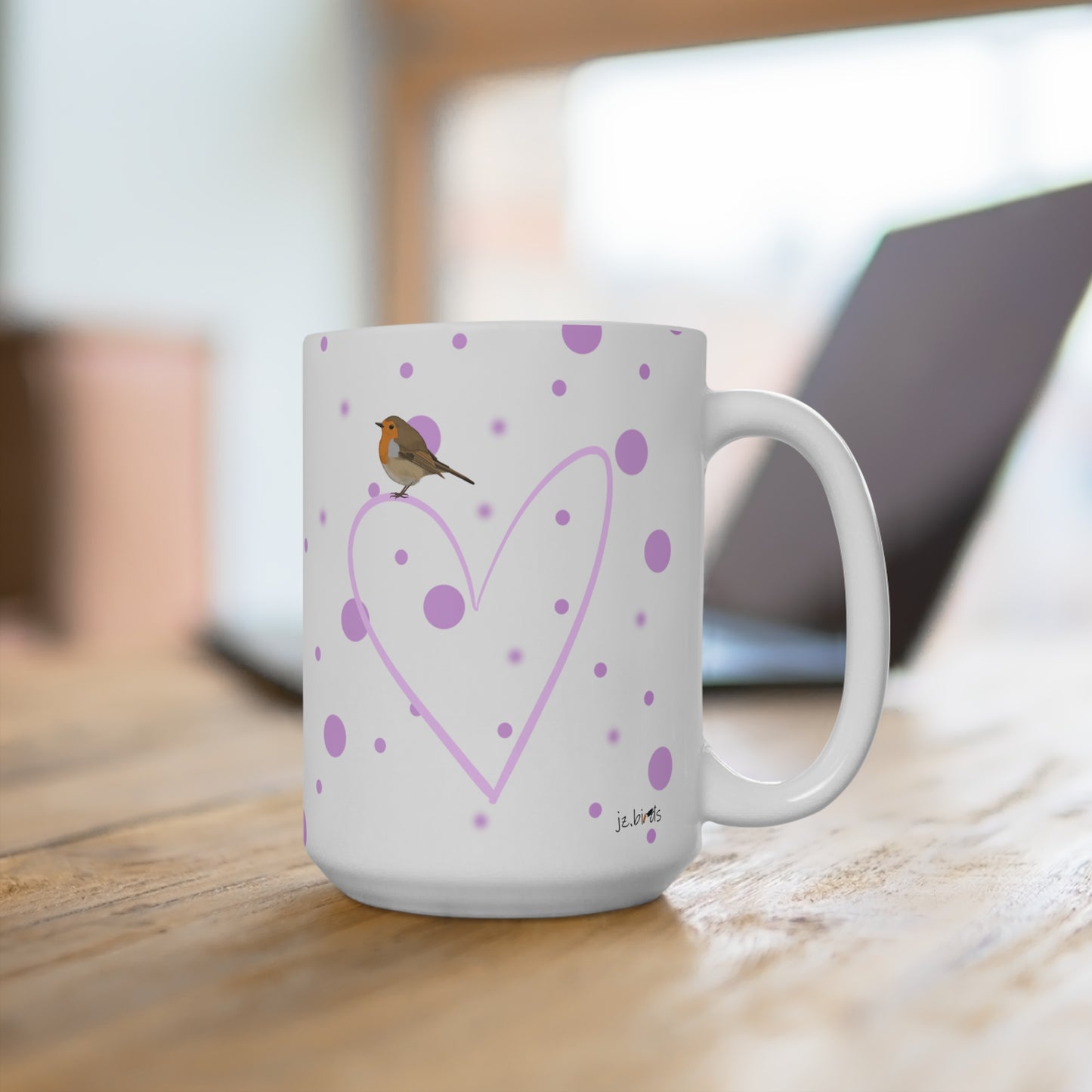 Rotkehlchen mit Herz Valentinstag Vogel Tasse Punkte Rosa