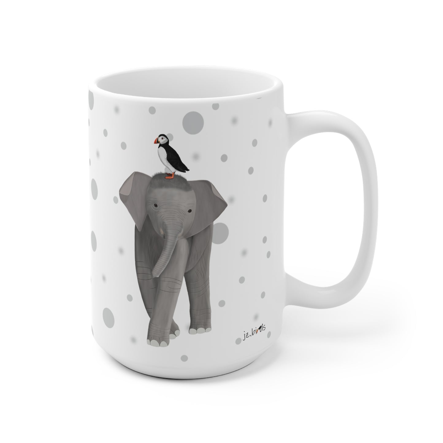 Papageitaucher auf einem Elefanten Vogel Tasse Punkte Grau
