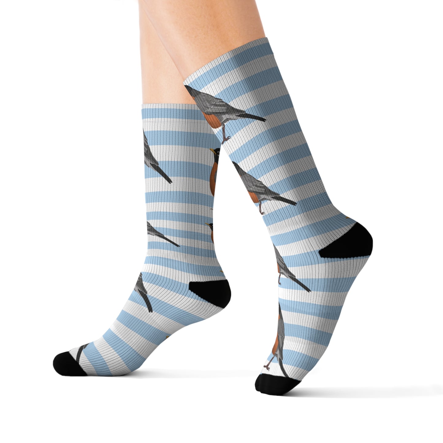 Robin Bird Blue White Striped Socks