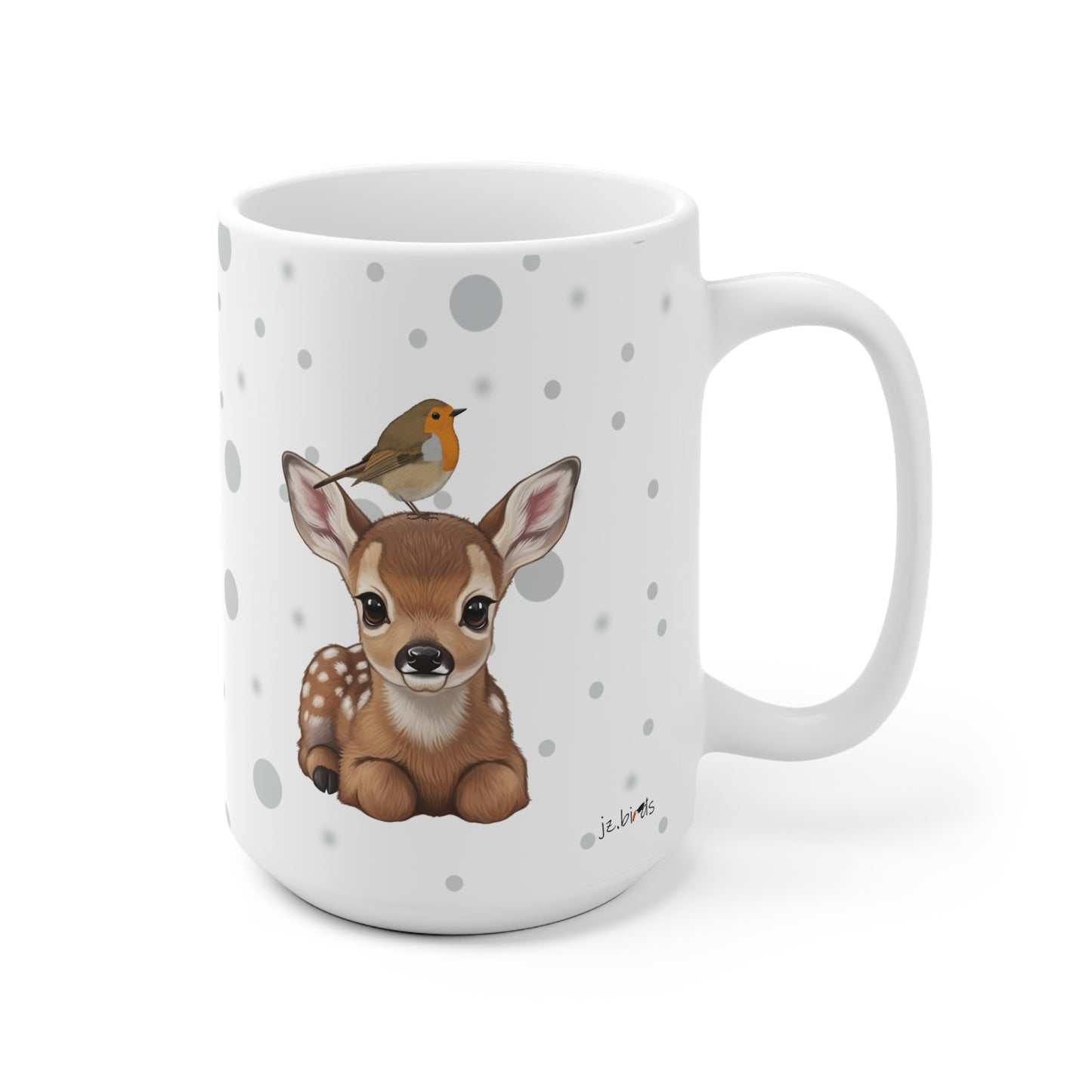 Rehkitz Tasse mit Rotkehlchen Tiermotiv Punkte Grau