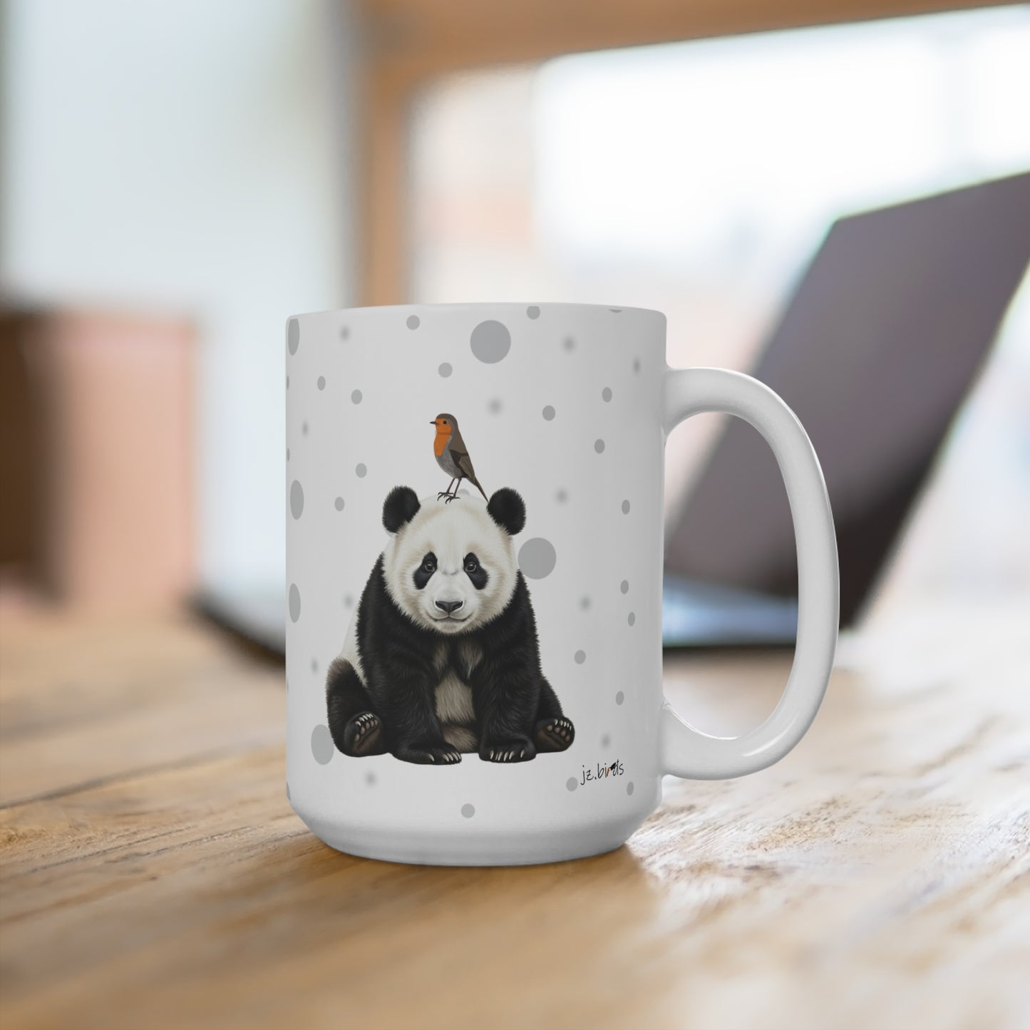Rotkehlchen mit einem Panda Vogel Tiermotiv Tasse Punkte Grau