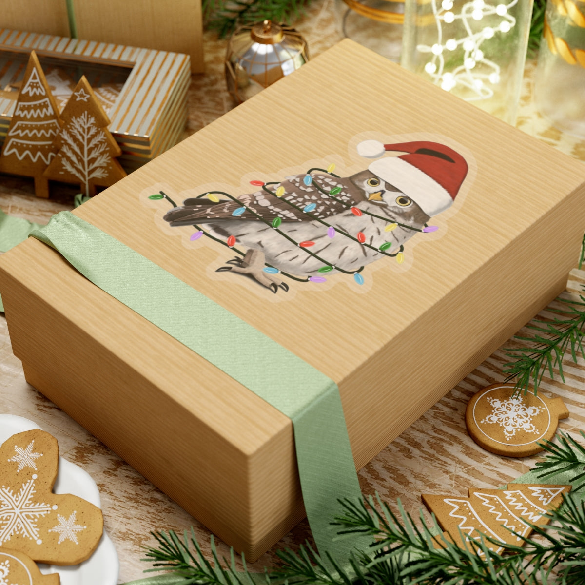Owl with Fairy Lights Santa Claus Hat and Scarf Christmas Bird Sticker