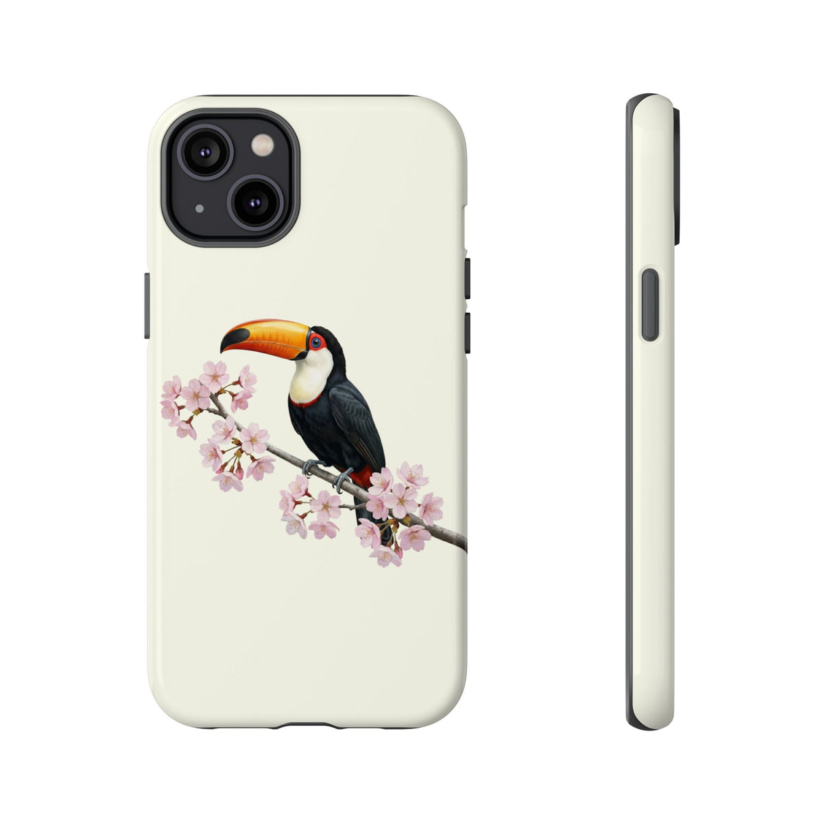 Custodia per cellulare Tukan in bianco crema | Motivo floreale con uccello e fiori di ciliegio per iPhone e Google Pixel
