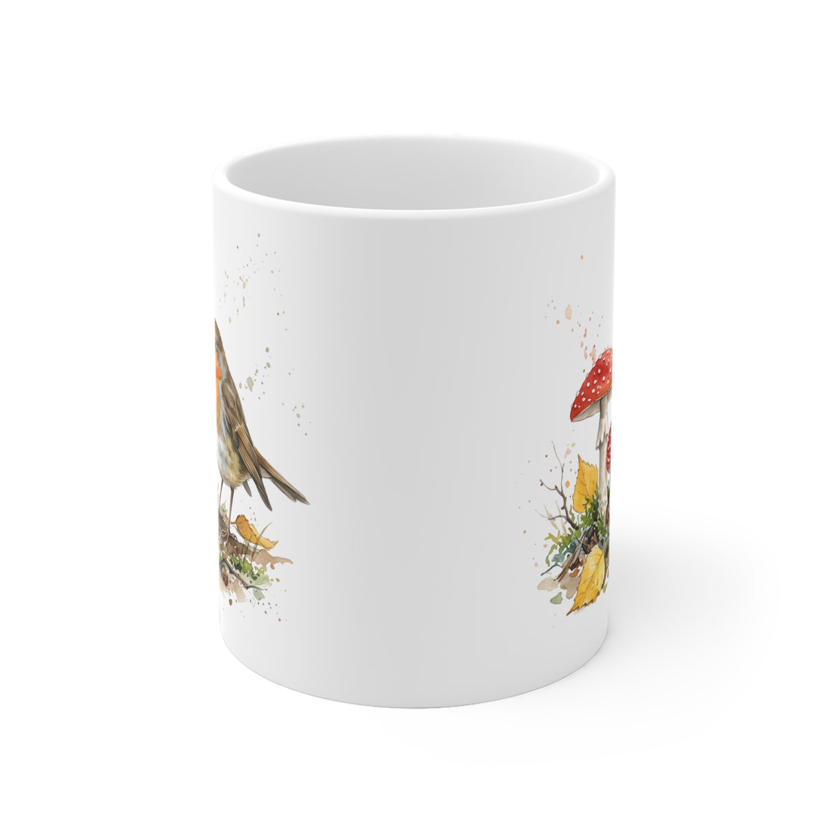 Rotkehlchen Herbst-Tasse – Gemütlicher Kaffeebecher mit Laub & Fliegenpilzen