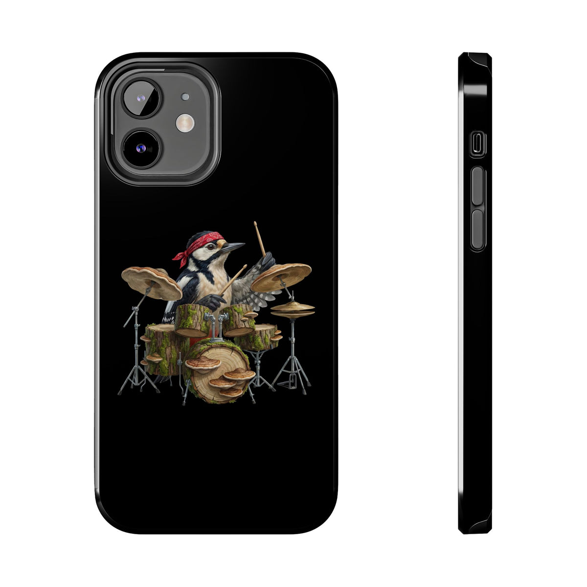 Woodpecker with Drums iPhone Case – Premium Tough Phone Cover Black – animal lover,
