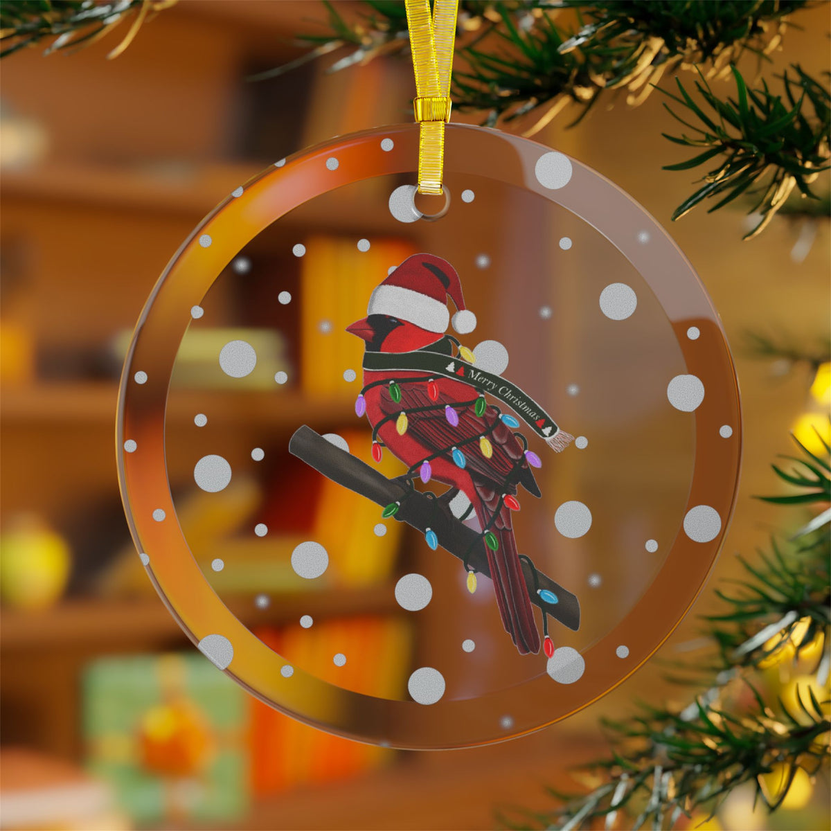 Cardinal as Santa Claus with Fairy Lights Christmas Glass Ornament
