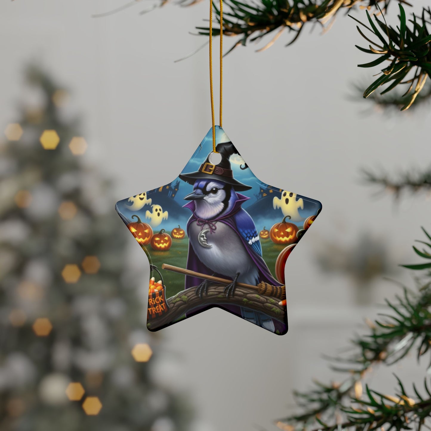 Funny Blue Jay Bird Halloween Ornament, Double-Sided Ceramic Decor for Spooky Season